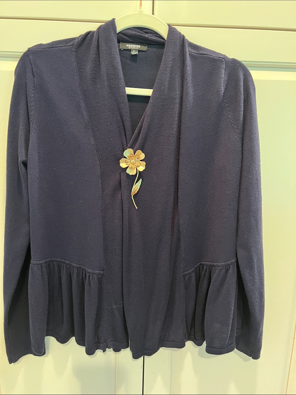 Premier Dark Navy Open Cardigan with Gold Floral Brooch not included. large.